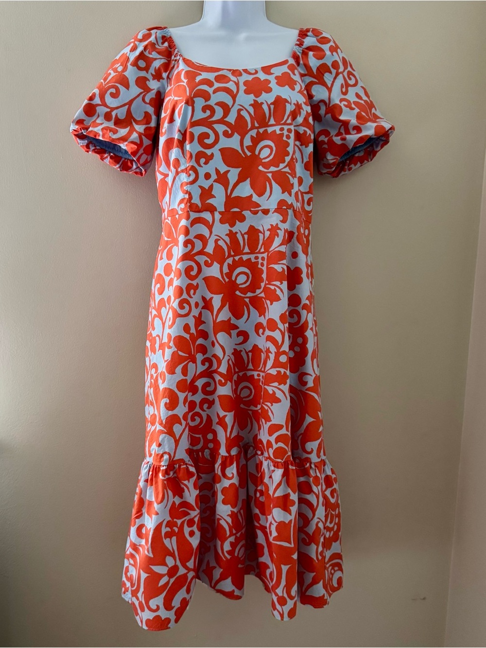 Talbots Jacobean Paisley Print Poplin Midi Dress Scoop Neck Puff Sleeves 6P